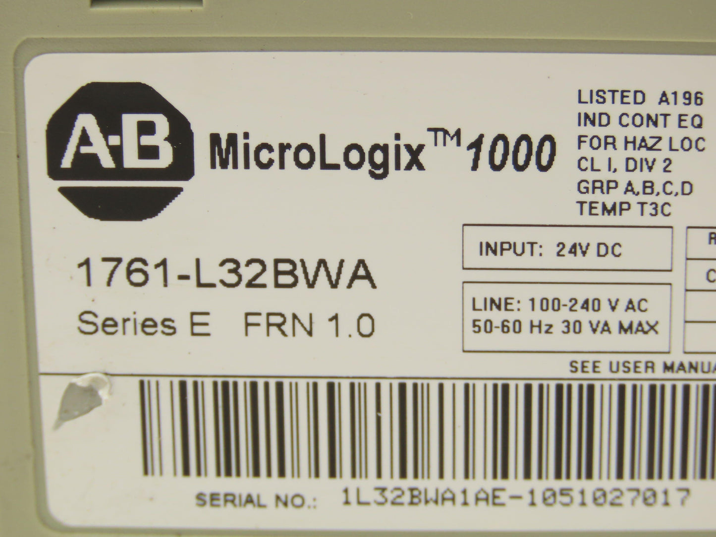 Allen Bradley 1761-L32BWA MicroLogix 1000 PLC Controller Module 24VDC