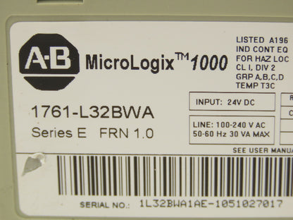 Allen Bradley 1761-L32BWA MicroLogix 1000 PLC Controller Module 24VDC