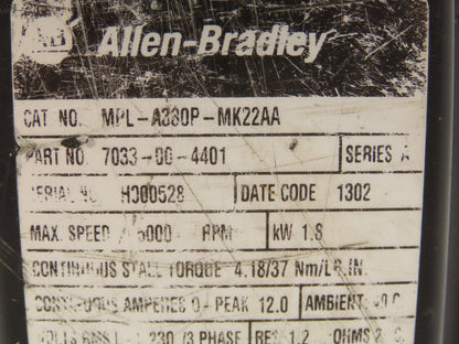 Allen Bradley MPL-A330P-MK22AA AC Servo Motor 1.8kw 5000 RPM 230V 3PH Series A