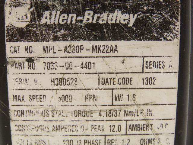 Allen Bradley MPL-A330P-MK22AA AC Servo Motor 1.8kw 5000 RPM 230V 3PH Series A