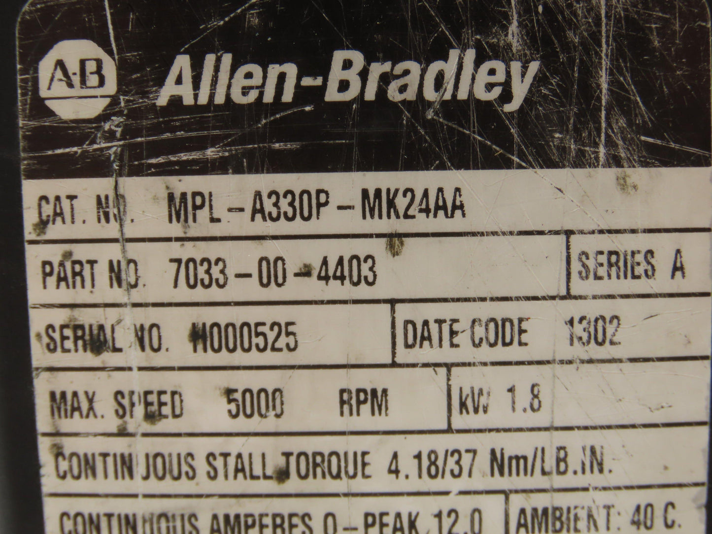 Allen Bradley MPL-A330P-MK24AA AC Servo Brake Motor 1.8kw 5000 RPM 230V 3PH