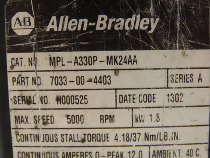 Allen Bradley MPL-A330P-MK24AA AC Servo Brake Motor 1.8kw 5000 RPM 230V 3PH