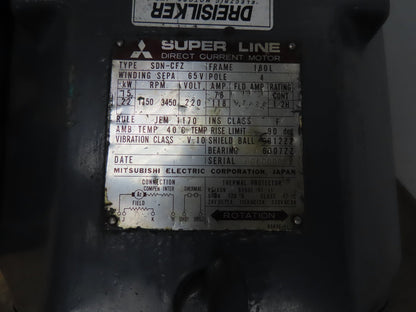 Mitsubishi SDN-CFZ Super Line DC Spindle Motor 15/22Kw 220V 3450 RPM 180L Frame