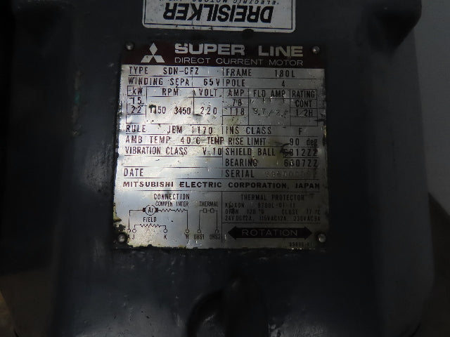 Mitsubishi SDN-CFZ Super Line DC Spindle Motor 15/22Kw 220V 3450 RPM 180L Frame