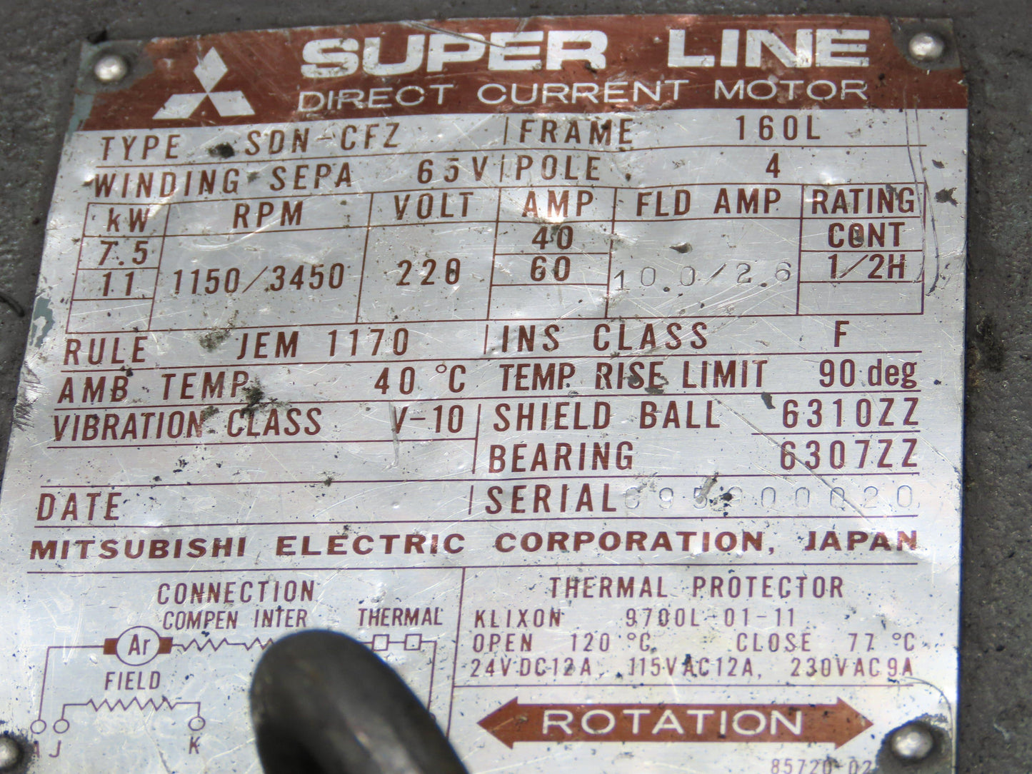 Mitsubishi SDN-CFZ Super Line DC Spindle Motor 7.5/11Kw 220V 3450 RPM 160L Frame