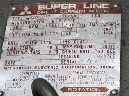 Mitsubishi SDN-CFZ Super Line DC Spindle Motor 7.5/11Kw 220V 3450 RPM 160L Frame