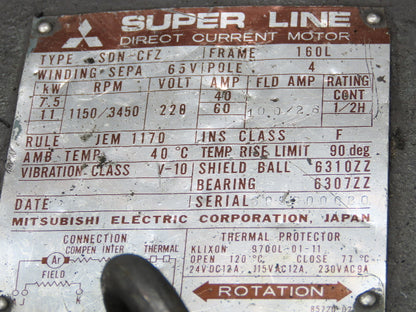 Mitsubishi SDN-CFZ Super Line DC Spindle Motor 7.5/11Kw 220V 3450 RPM 160L Frame