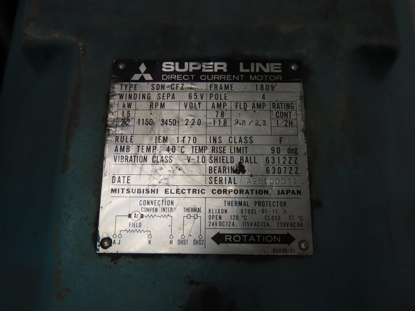 Mitsubishi SDN-CFZ Super Line DC Spindle Motor 15/22Kw 220V 3450 RPM 180L Frame