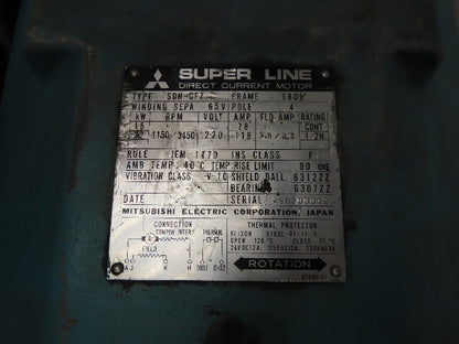 Mitsubishi SDN-CFZ Super Line DC Spindle Motor 15/22Kw 220V 3450 RPM 180L Frame