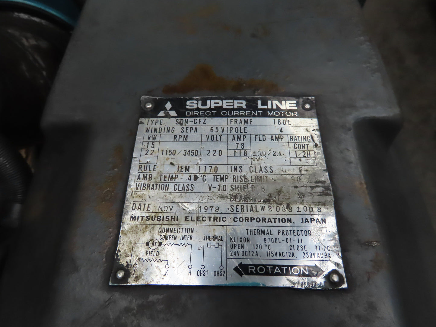 Mitsubishi SDN-CFZ Super Line DC Spindle Motor 15/22Kw 220V 3450 RPM 180L Frame