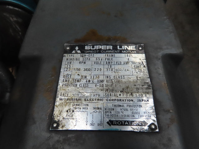 Mitsubishi SDN-CFZ Super Line DC Spindle Motor 15/22Kw 220V 3450 RPM 180L Frame