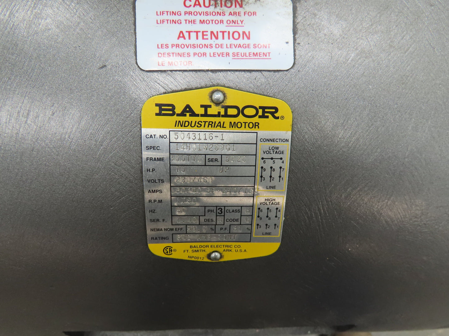 Baldor 14H01W289G1 Industrial AC Motor 75Hp 1760 RPM 230/460V 3PH 365TYZ Frame DP