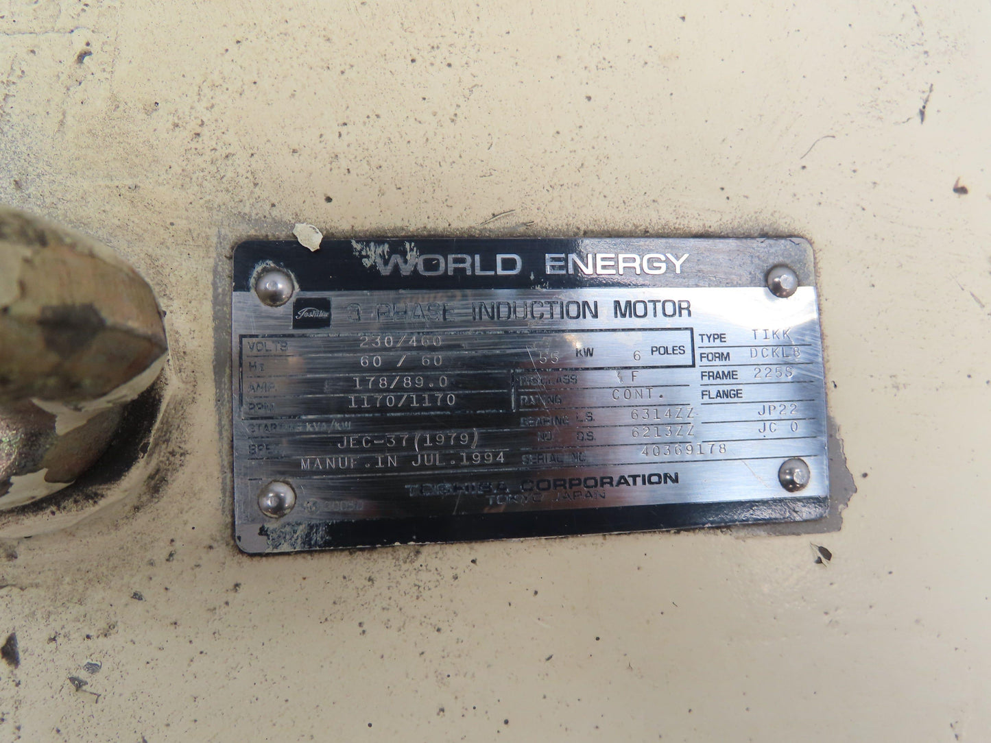 Toshiba TIKK World Energy Induction Motor 74Hp 55kw 1170 RPM 230/460V 3PH 225S