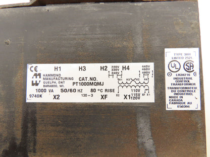 Hammond PT1000MQMJ Transformer 1000VA 240/480VAC Primary 120VAC Secondary 1PH