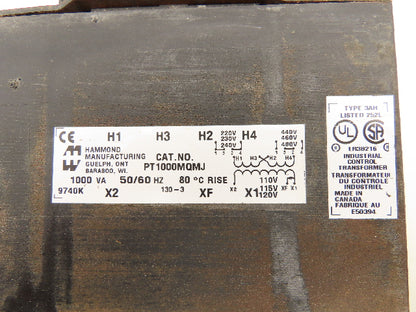 Hammond PT1000MQMJ Transformer 1000VA 240/480VAC Primary 120VAC Secondary 1PH