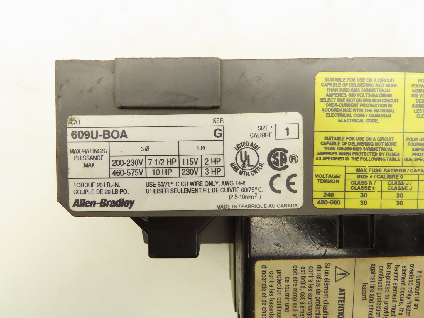 Allen Bradley 609U-BOA Push Button Manual Starting Switch 575V 10HP 3PH