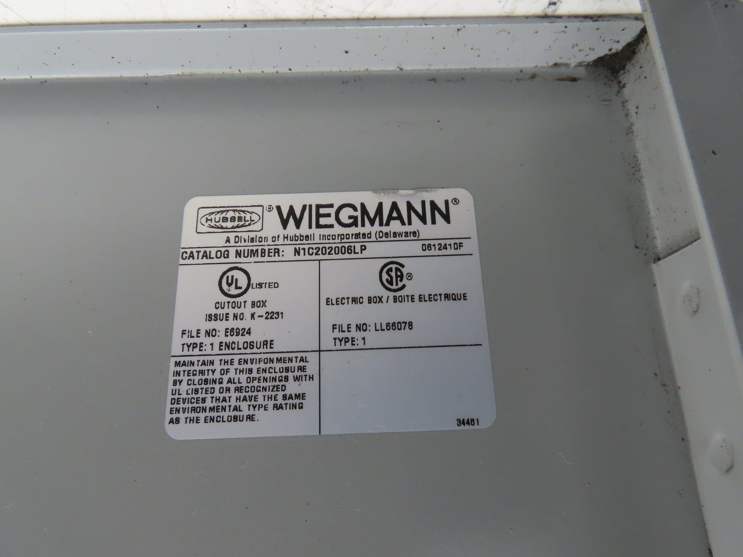 Wiegmann N1C202006LP Industrial Electrical Enclosure With Backplate 20x20x6"
