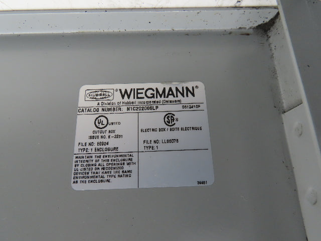 Wiegmann N1C202006LP Industrial Electrical Enclosure With Backplate 20x20x6"