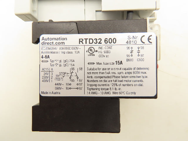 Automation Direct RTD32 600 Thermal Overload Relay Contactor 4-6A 120V Coil