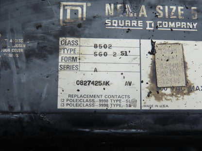 Square D 8502 SG02 Contactor Motor Starter 600V 3 Pole Nema Size 5 120V Coil