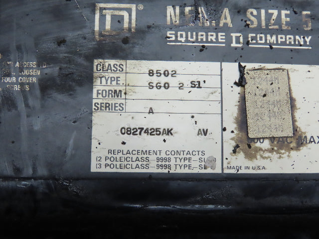 Square D 8502 SG02 Contactor Motor Starter 600V 3 Pole Nema Size 5 120V Coil