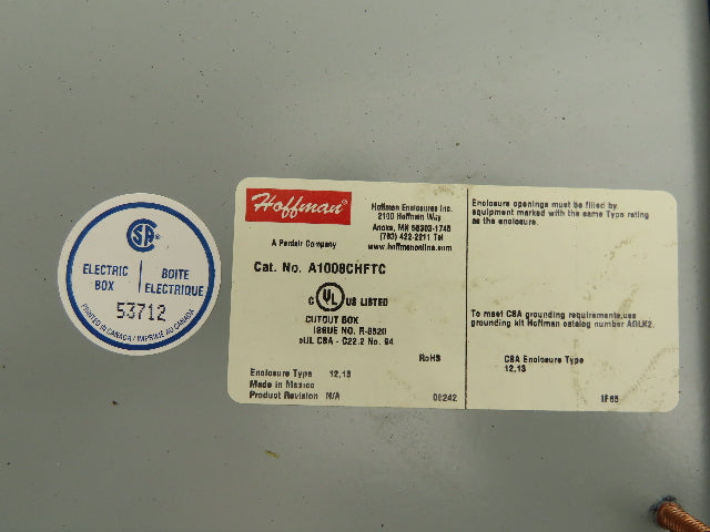 Hoffman A1008CHFTC Electrical Enclosure Box 10x8x4" Wall Mount Terminal Blocks