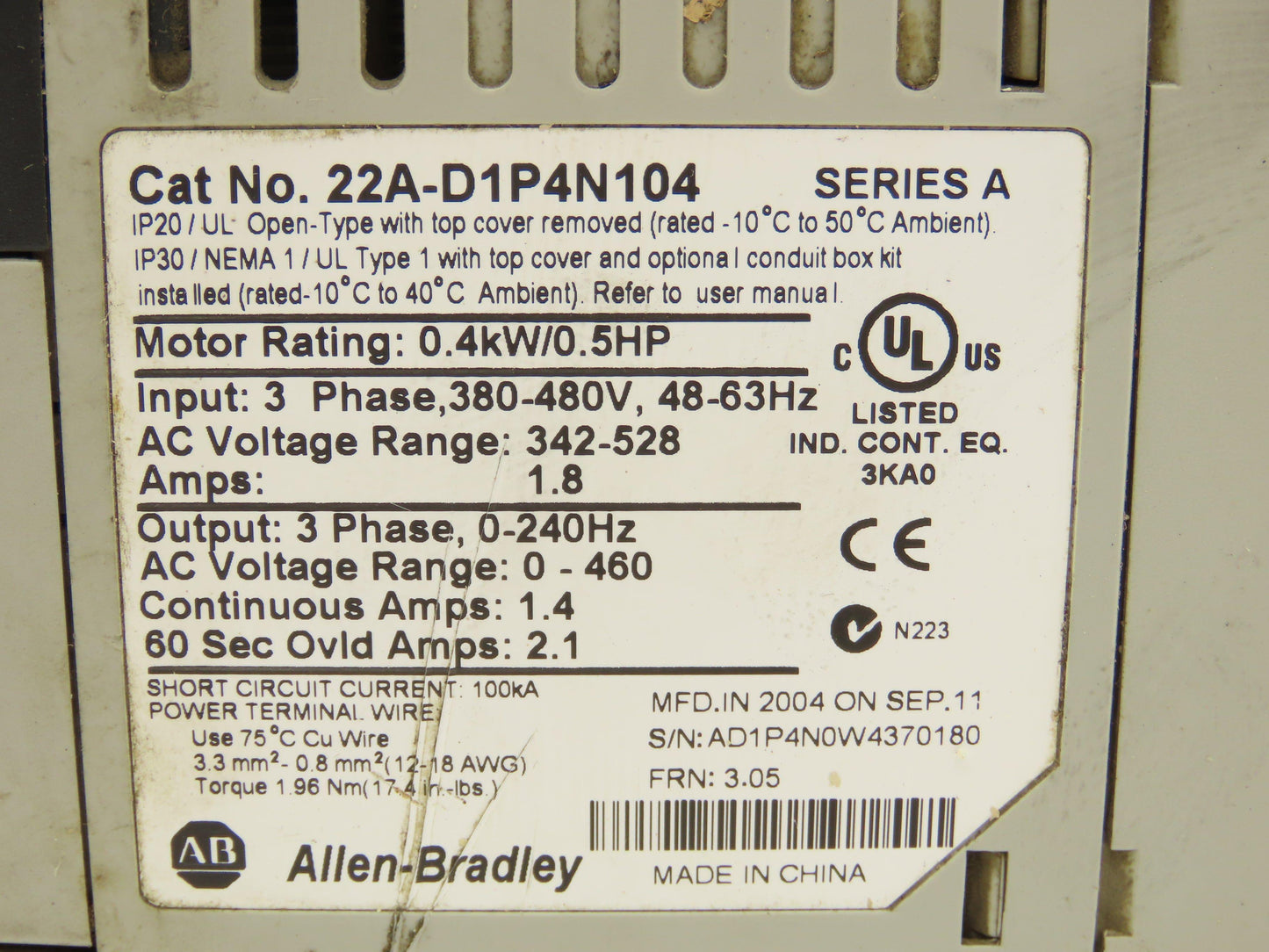 Allen Bradley 22A-D1P4N104 PowerFlex 4 AC Servo Drive 0.5HP 0.4kW 480V 1.8A 3PH