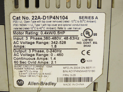 Allen Bradley 22A-D1P4N104 PowerFlex 4 AC Servo Drive 0.5HP 0.4kW 480V 1.8A 3PH