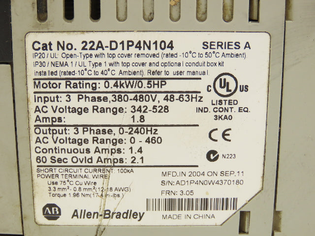 Allen Bradley 22A-D1P4N104 PowerFlex 4 AC Servo Drive 0.5HP 0.4kW 480V 1.8A 3PH