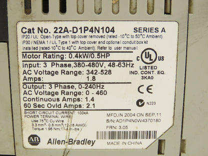 Allen Bradley 22A-D1P4N104 PowerFlex 4 AC Servo Drive 0.5HP 0.4kW 480V 1.8A 3PH