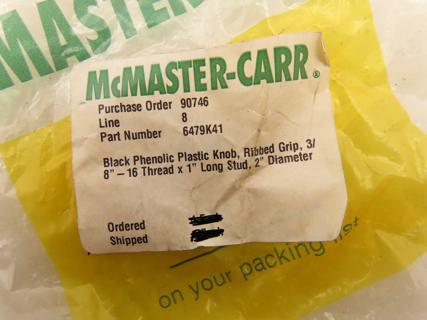 McMaster Carr 6479K41 Black Plastic Knob 3/8"-16 x 1" Stud 2" Head Lot of 20