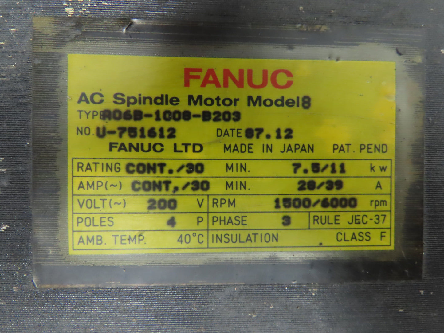 Fanuc A06B-1008-B203 Lathe AC Spindle Motor 7.5/11kw 1500/6000 RPM 200V 4P 3PH