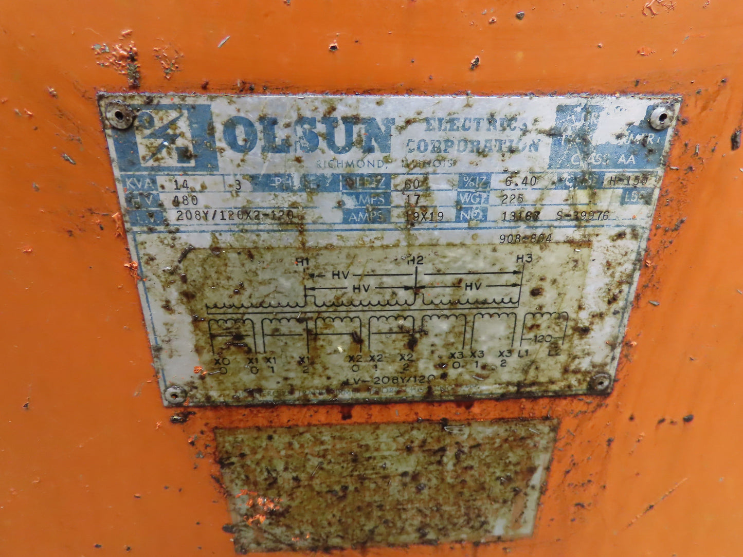 Olson 13167 Step Down Power Transformer 14kva 3Ph HV 480V Delta LV 208Y/120V