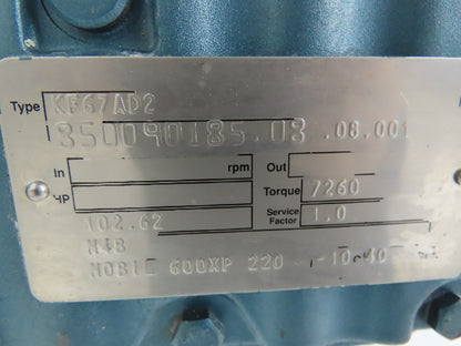 Sew Eurodrive KF67AD2 Helical Gear Drive Right Angle Reducer 102:1 Gearbox 17RPM