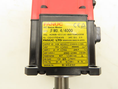 Fanuc A06B-114-B075#0008 AC Servo Motor 0.13kw 4000RPM Encoder A20B-8200-004