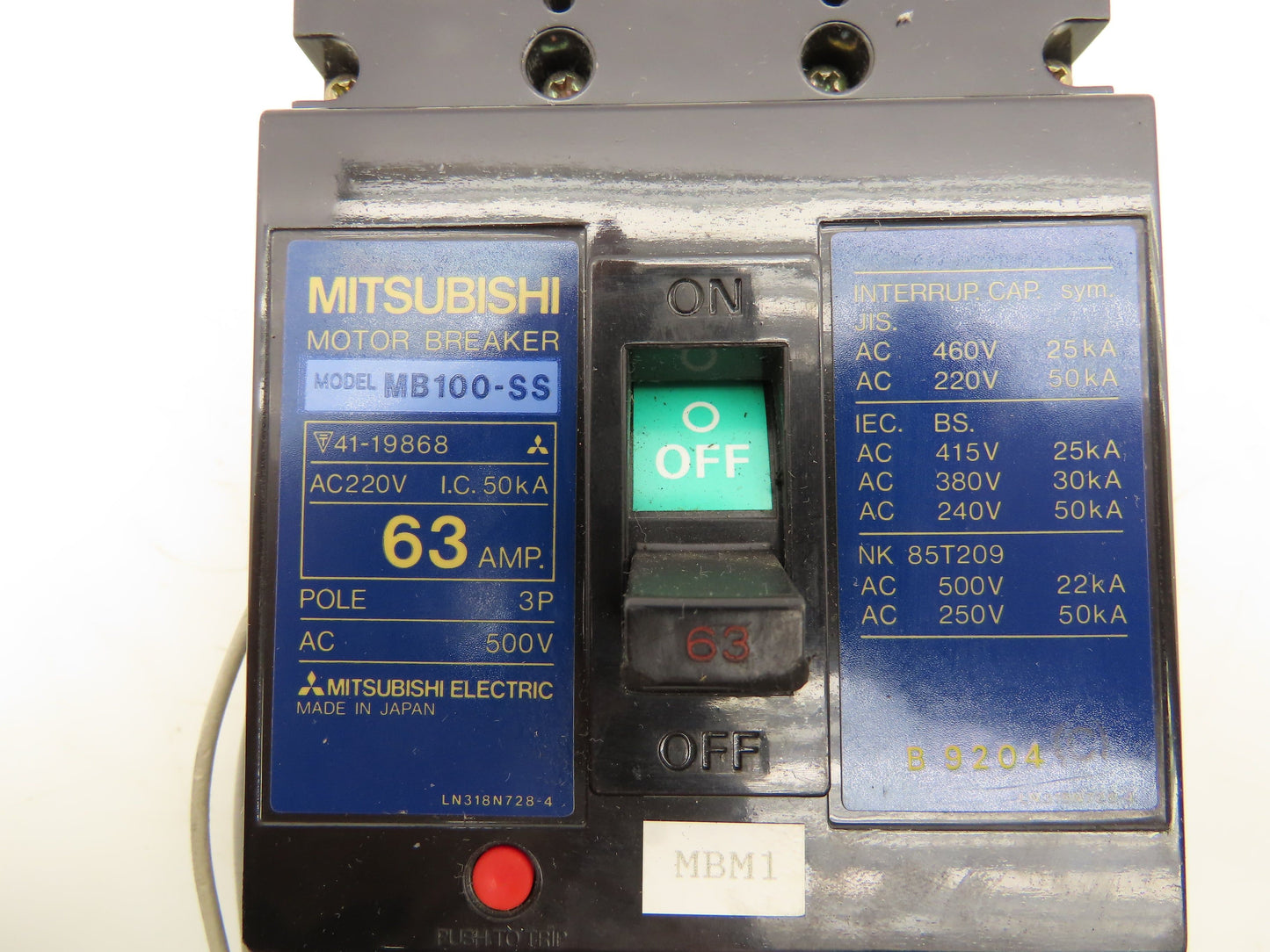 Mitsubishi MB100-SS Motor Circuit Breaker 63A 3P 500V