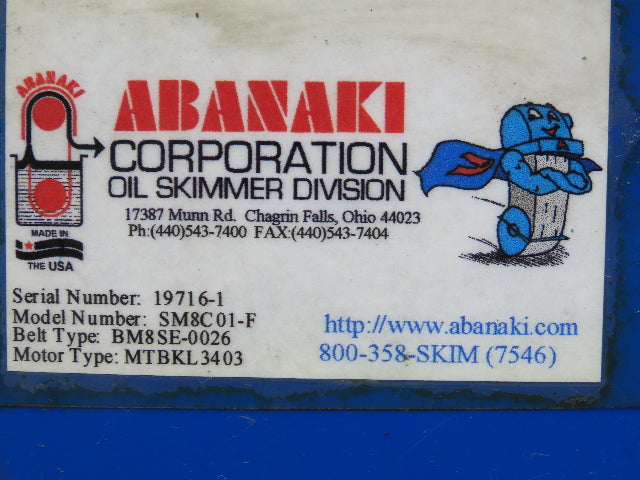 Abanaki SM8C01-F Oil Skimmer 8x84" Belt 21" Submerged 1/4Hp 115/230V