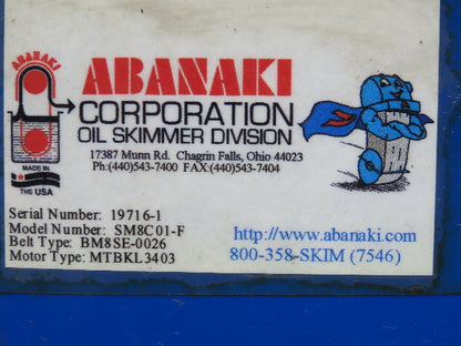 Abanaki SM8C01-F Oil Skimmer 8x84" Belt 21" Submerged 1/4Hp 115/230V
