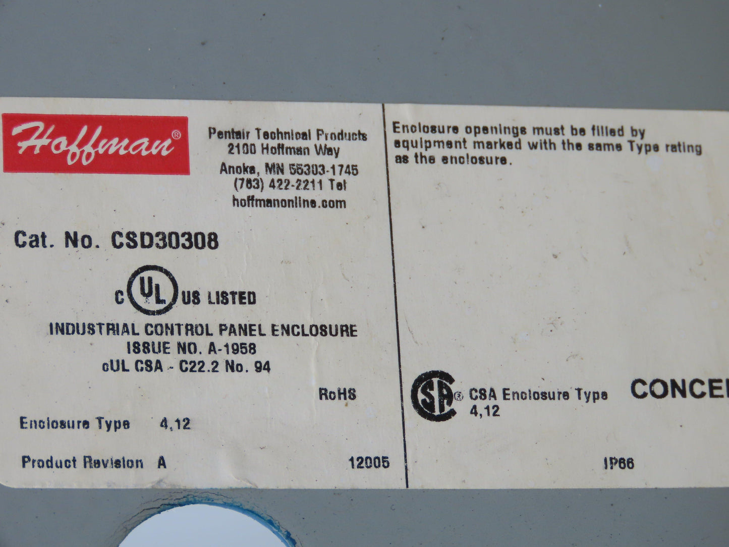 Hoffman CSD30308 Industrial Concept Electrical Enclosure Backplate 30x30x8"