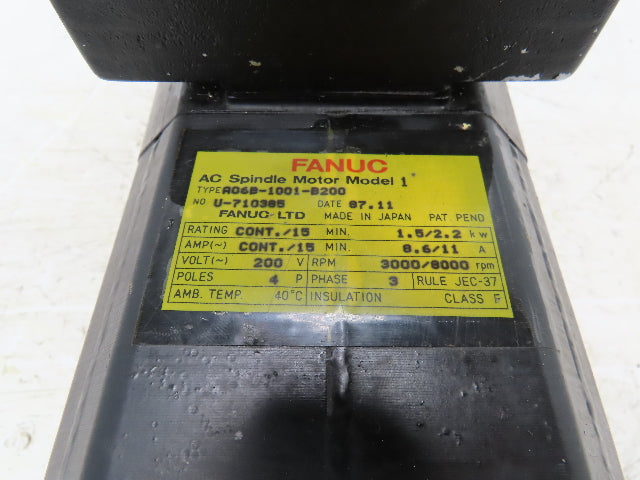 Fanuc A06B-1001-B200 AC Servo Spindle Motor 1.5/2.2kw 3000/8000 RPM 200V 3PH