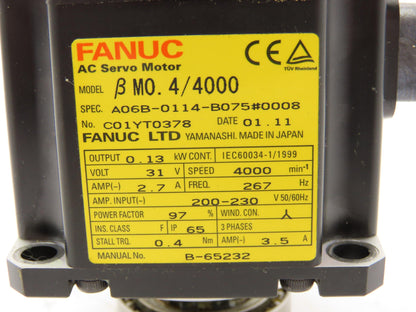 Fanuc A06B-0114-B075#0008 AC Servo Motor 0.13kw 4000RPM Encoder A20B-8200-004