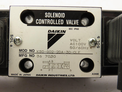 Daikin KSO-G02-2DA-30-CLE Hydraulic Directional Solenoid Valve 110V