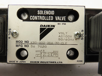 Daikin KSO-G02-2DA-30-CLE Hydraulic Directional Solenoid Valve 110V
