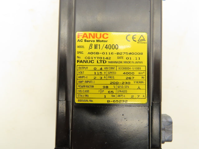 Fanuc A06B-0116-B275 AC Servo Motor 0.4kw 4000RPM Encoder A20B-3200-004