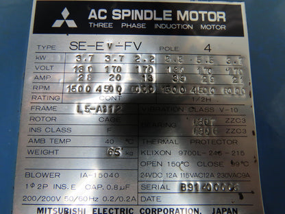 Mitsubishi SE-EV-FV  Lathe Spindle Motor 5.5kw 3-Speed 130/170V 3PH