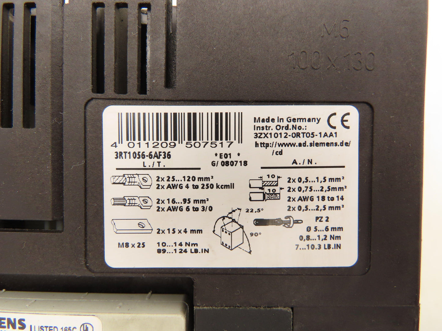 Siemens 3RT1056-6AF36 Contactor 185A 400VAC 120V Coil 3 Pole 2NO+2NC