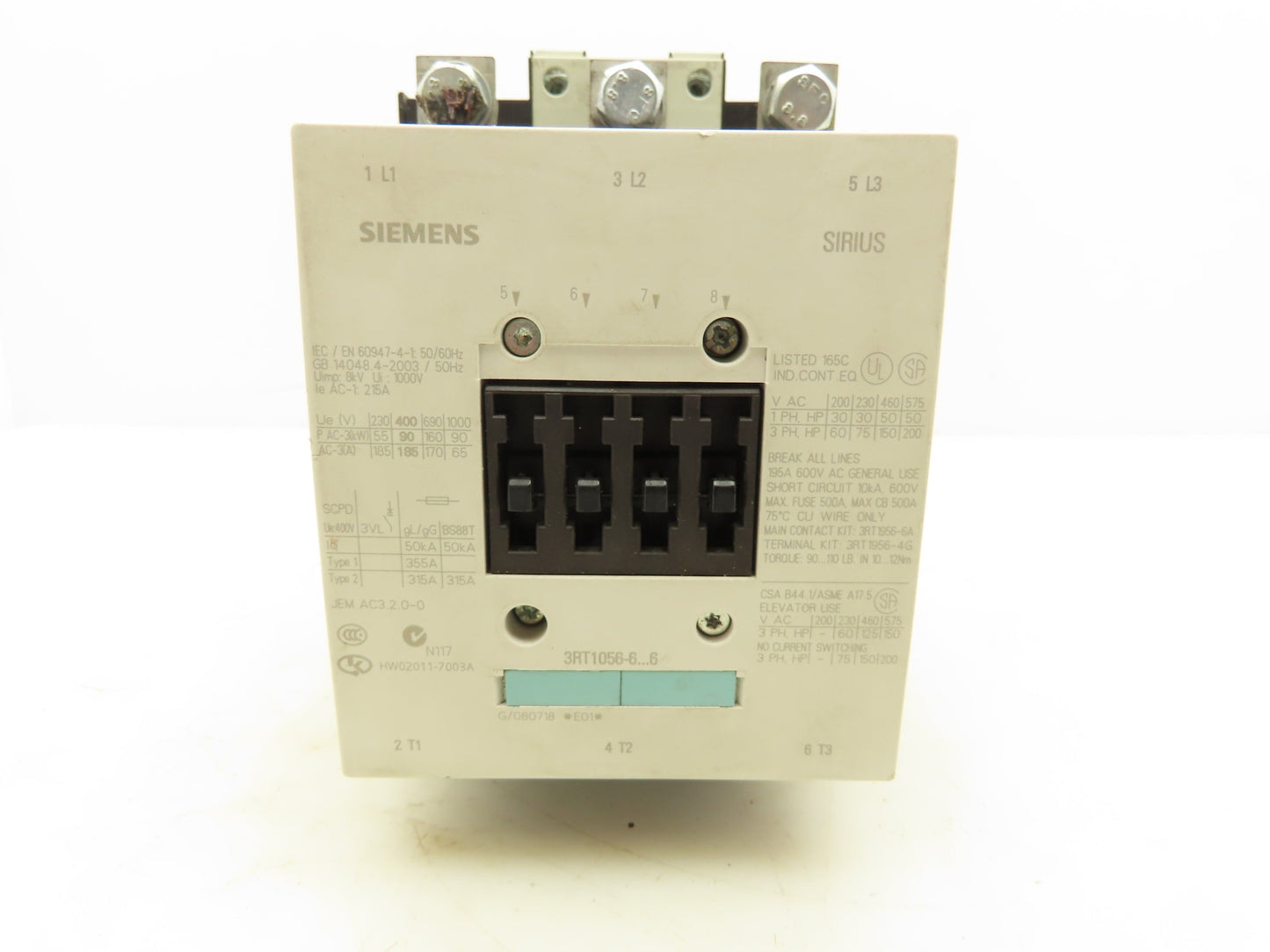 Siemens 3RT1056-6AF36 Contactor 185A 400VAC 120V Coil 3 Pole 2NO+2NC