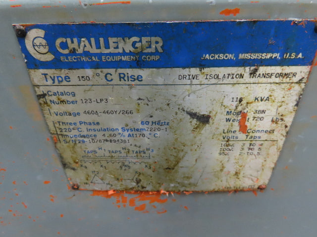 Challenger 123-LP3 Drive Isolation Transformer 118kva 460V Delta 460Y/266V