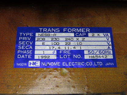 Nunome Electric NESB-A Industrial Transformer PRI 240V SEC 100V 2 kVA 1PH