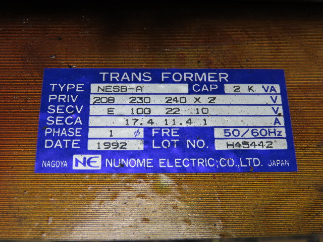 Nunome Electric NESB-A Industrial Transformer PRI 240V SEC 100V 2 kVA 1PH